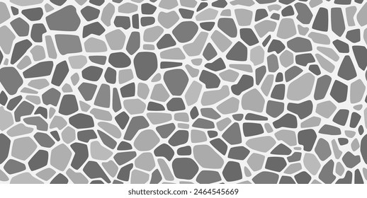 Grey gravel and pebble mosaic stone pattern with paving texture, vector seamless background. Abstract gravel tile or cobblestone pavement pattern with irregular random fragments of gray pebble stones