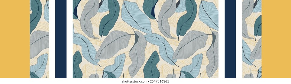 Grey, green and blue turned leaves beige background with yellow border on edges.