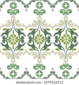 Grey and green floral ikat embroidery seamless background pattern with floral motifs. Design for elaborate borders, carpet, curtains, tiles, blankets, and clothing.