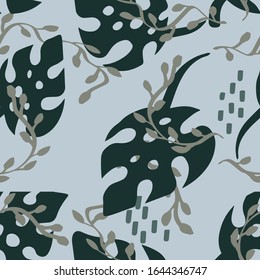 Grey and green jungle foliage seamless pattern with monstera and pothos leaves and small spot clusters. Modern tropical vector repeat design for fabric, wrapping or poster background.