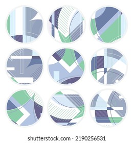 Círculos lineales grises y verdes con diferentes elementos de forma geométrica. Plantilla moderna de ilustración de patrones gráficos