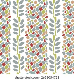 Grey with green, red leaves and mosaic stripe patterns on white background, illustrations, vector aesthetic for wallpaper, wall decor, templates covers, art prints .