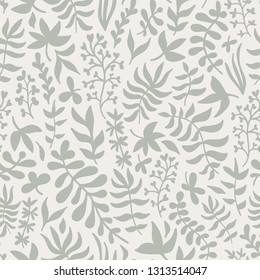 Grey greenery leaves on white background floral seamless vector pattern