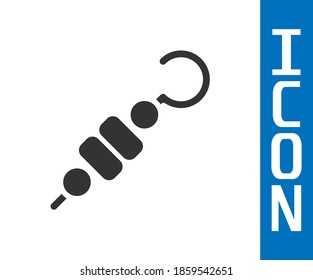 Grey Grilled shish kebab on skewer stick icon isolated on white background. Meat kebab on skewer stick. Picnic with grilled meat.  Vector