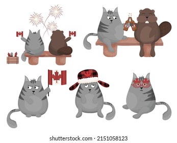 Grey Grumpy Cat and Beaver, Canada Day Collection, Vector