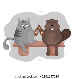 Gato gris gruñón con un castor bebiendo cerveza canadiense, Día de Canadá, divertido, vector