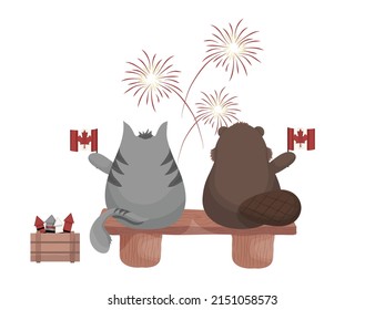 Grey Grumpy Cat and Beaver watching Fireworks on Canada Day, Vector