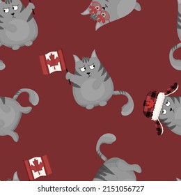 Grey Grumpy Cat on Canada Day, Seamless Pattern, Vector