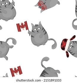 Grey Grumpy Cat on Canada Day, Seamless Pattern, Vector