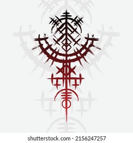 Grey grunge background with ink blots and abstract red brushed symbol. Old norse viking mythology wallpaper with rune symbol. Tattoo sample pattern design