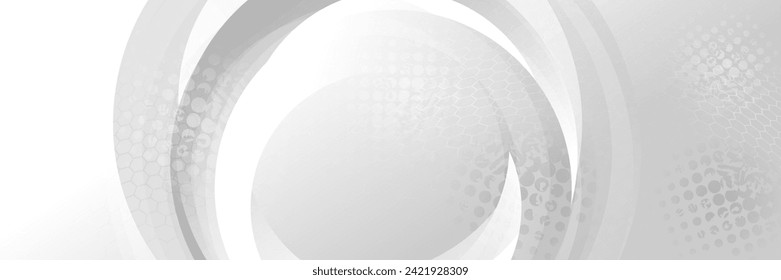 Grey grunge circles abstract tech halftoned background. Geometric retro vector banner design