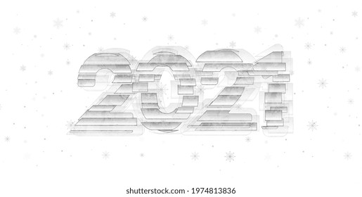 Grey grunge retro glitch 2021 New Year abstract background with falling snowflakes. Vector graphic design