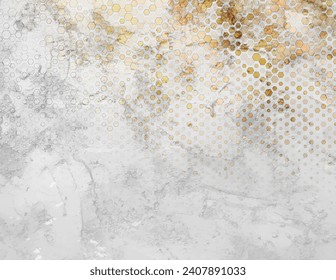 Grey grunge texture wall with golden hexagonal pattern abstract background. Geometric tech retro vector backdrop design