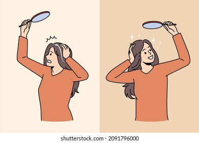 Grey hair and colored hair concept. Frustrated stressed woman seeing grey hair on head and happy one with colored hair looking at mirror vector illustration 