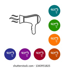 Grey Hair dryer line icon isolated on white background. Hairdryer sign. Hair drying symbol. Blowing hot air. Vector Illustration