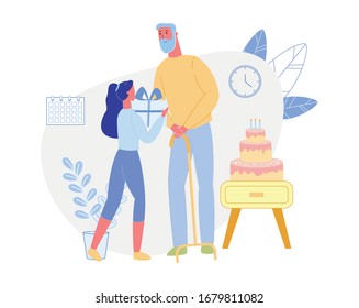 Grey Haired and Bearded Man with Walking Stick, Receiving Greetings and Congratulations. Loving Granddaughter, Giving Her Aged Grandpa Gift Box. Birthday Party at Home with Huge Festive Cake.