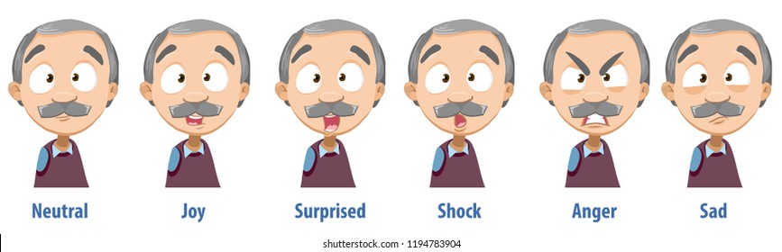 Grey haired grandfather with various facial expressions. Avatars with neutral, joy, surprise, shock, anger and sad emotions. Elderly man personage icons. Grandpa in cartoon style vector illustration