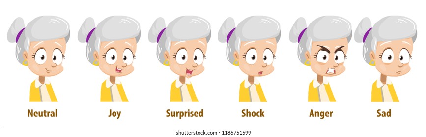 Grey haired grandmother with various facial expressions. Avatars with neutral, joy, surprise, shock, anger and sad emotions. Elderly woman personage icons. Grandma in cartoon style vector illustration