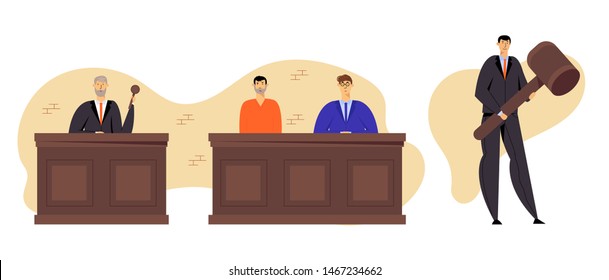 Grey Haired Judge Wearing Black Gown Hold Gavel. Accused Man in Prison Robe Sitting with Attorney Lawyer in Court, Tribunal and Justice Concept, Judgement System. Cartoon Flat Vector Illustration