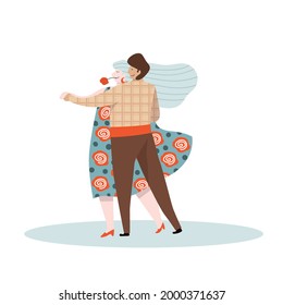 Grey haired mature woman dancing with her partner. Vector flat illustration, modern character design, isolated on white. Concept for adult middle aged active lady spending her free time with fun.