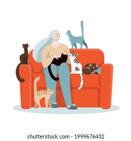 A grey haired middle aged woman happily spending time with her cats. Pet lover, kitty mama, cat lady concept. Vector illustration, flat character design.