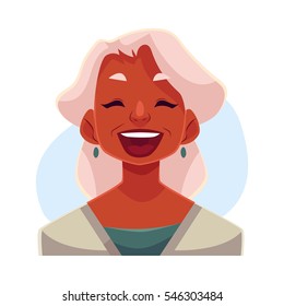 Grey haired old african lady, laughing facial expression, cartoon vector illustrations isolated on blue background. Old black woman laughing out load with closed eyes and open mouth. Laughing