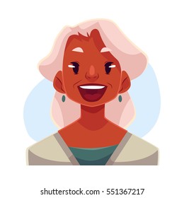 Grey haired old african lady, wow facial expression, cartoon vector illustrations isolated on blue background. Old black woman surprised, amazed, astonished. Surprised, wow face expression