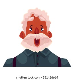 Grey haired old african man face, surprised facial expression, cartoon vector illustrations isolated. Old black man, grandfather emoji surprised, shocked, amazed, astonished. Surprised face expression