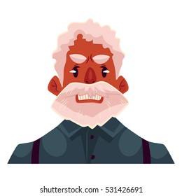 Grey haired old african man face, angry facial expression cartoon vector illustrations isolated. Old black man, grandfather frowns, feeling distresses, frustrated, sullen, upset. Angry face expression