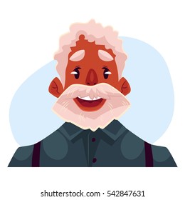 Grey haired old african man face wow facial expression, cartoon vector illustrations isolated on blue background. grandfather emoji surprised, amazed, astonished. 