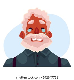 Grey haired old african man face, crying facial expression, cartoon vector illustrations isolated on blue background. Old black man, grandfather emoji emoji crying, shedding tears, sad, heart broken