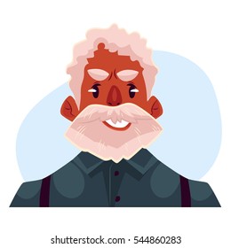 Grey haired old african man face, upset, confused facial expression, cartoon vector illustrations isolated on blue background. Old black man feeling upset, concerned, confused frustrated.