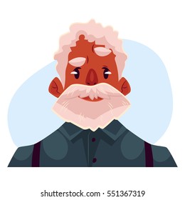 Grey haired old african man face, angry facial expression, cartoon vector on blue background. Old black man, grandfather feeling distressed, frustrated, sullen, upset. Angry face expression
