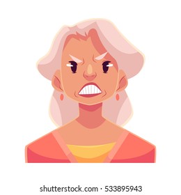 Grey haired old lady, angry facial expression, cartoon vector illustrations isolated on white background. Old woman frowns, feeling distresses, frustrated, sullen, upset. Angry face expression