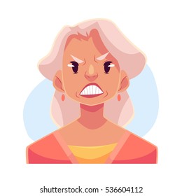 Grey haired old lady, angry facial expression, cartoon vector illustrations isolated on blue background. Old woman frowns, feeling distresses, frustrated, sullen, upset. Angry face expression