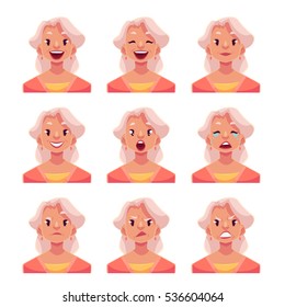 Grey haired old lady face expression, set of cartoon vector illustrations isolated on white background. Old woman, grandmother emoji face icons, set of female avatars with different emotions