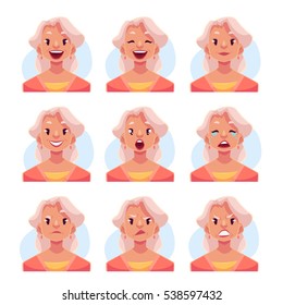 Grey haired old lady face expression, set of cartoon vector illustrations isolated on blue background. Old woman, grandmother emoji face icons, set of female avatars with different emotions