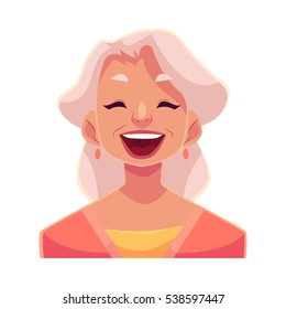 Grey haired old lady, laughing facial expression, cartoon vector illustrations isolated on white background. Old woman laughing out load with closed eyes and open mouth. Laughing face expression