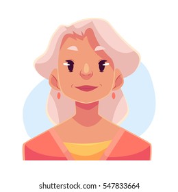 Grey haired old lady, neutral facial expression, cartoon vector illustrations isolated on blue background. Old woman feeling glad, serene, relaxed, delighted. Neutral face expression