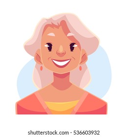 Grey haired old lady, smiling facial expression, cartoon vector illustrations isolated on blue background. Old woman with a wide smile, white teeth. Happy, glad, smiling face expression