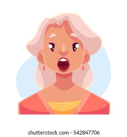 Grey haired old lady, surprised facial expression, cartoon vector illustrations isolated on blue background. Old woman surprised, shocked, amazed, astonished. Surprised face expression