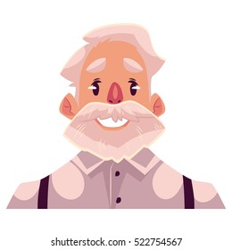 Grey haired old man face, smiling facial expression, cartoon vector illustrations isolated on white background. Old man emoji with wide smile, white teeth. Happy, glad, smiling face expression