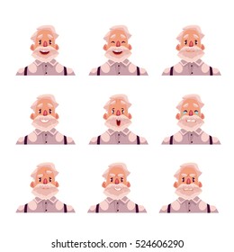 Grey haired old man face expression, set of cartoon vector illustrations isolated on white background. 