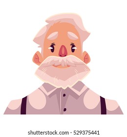 Grey haired old man face, neutral facial expression, cartoon vector illustrations isolated on background. Old man, grandfather emoji feeling glad, serene, relaxed, delighted. Neutral face expression
