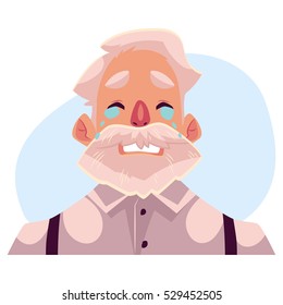 Grey haired old man face, crying facial expression, cartoon vector illustrations isolated on blue background. Old man, grandfather emoji emoji crying, shedding tears, sad, heart broken, in grief.
