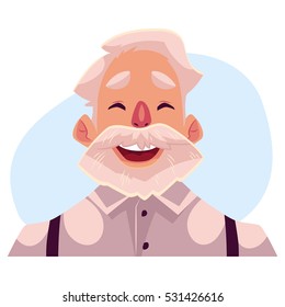 Grey haired old man face, laughing facial expression, cartoon vector illustrations isolated on blue background. Old man emoji laughing out load with closed eyes open mouth. Laughing face expression