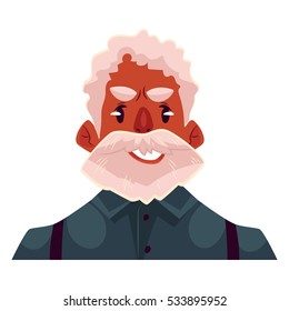 Grey haired old man face, upset, confused facial expression, cartoon vector illustrations isolated on white background. Old man feeling upset, concerned, confused frustrated.