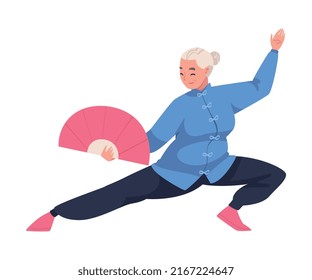 Grey Haired Woman Character Practicing Tai Chi and Qigong Exercise with Fan in Hand as Internal Chinese Martial Art Vector Illustration