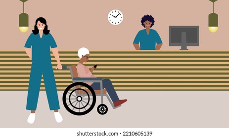 Grey Haired Woman Sitting In Wheel Chair Accompanied By Hospital Orderly Awaiting Hospital Check-in Or Discharge