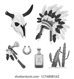 Grey halftones tribal indian vector objects - buffalo skull, headdress, tomahawk illustration